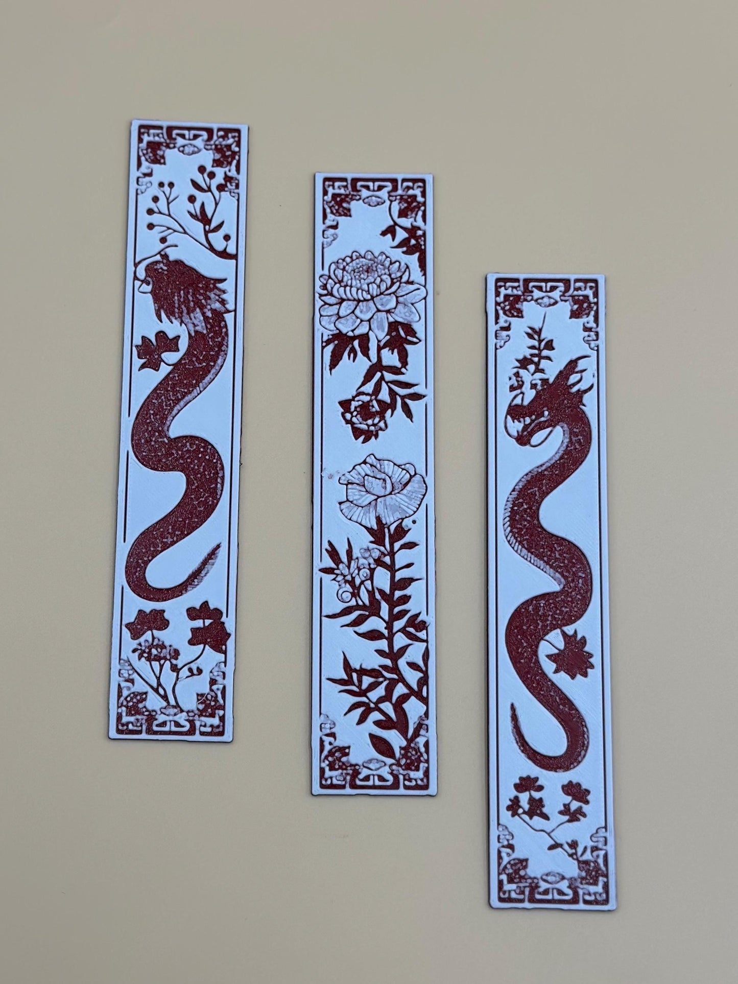 3D Printed Dragon Bookmark Set: Red & White Blossom Design