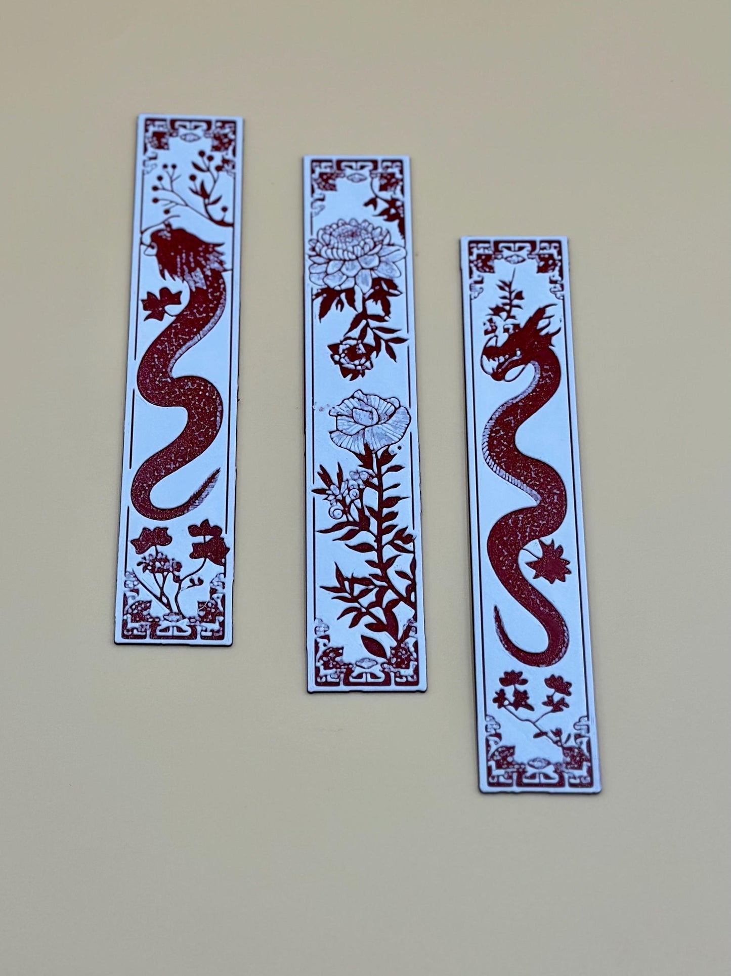 3D Printed Dragon Bookmark Set: Red & White Blossom Design