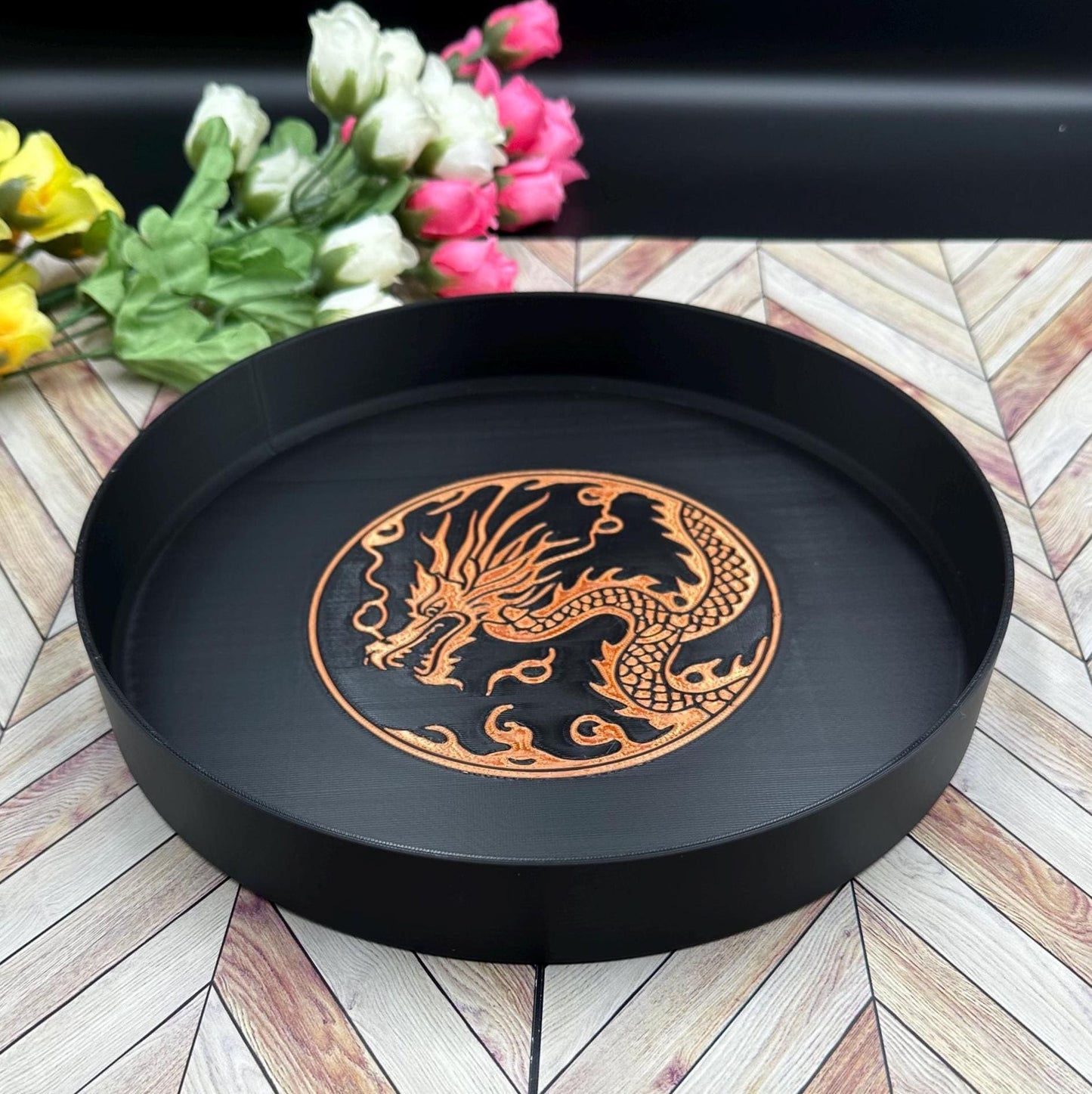 Catch All Tray Dragon Design with Copper Accents, Decorative Organizer for Keys, Jewelry & Desk, Unique Gift for Home or Office
