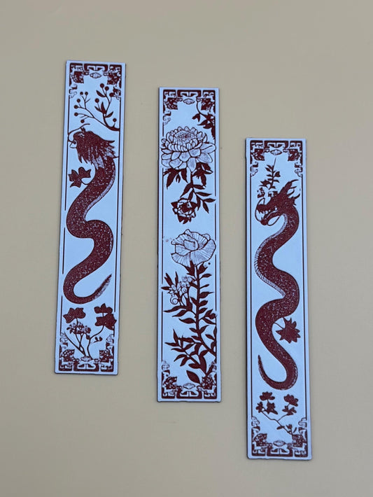 3D Printed Dragon Bookmarks Set of 3 – Red & White Blossom Design, Unique Literary Gift, Fantasy Reading Accessory