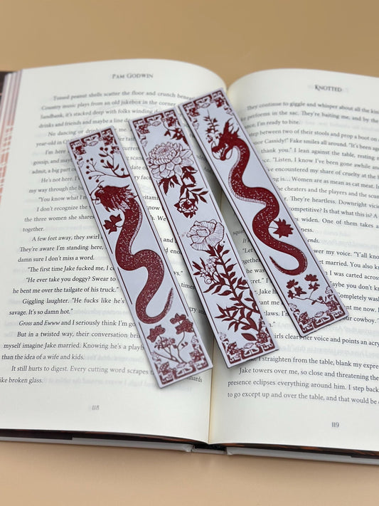 3D Printed Dragon Bookmarks Set of 3 – Red & White Blossom Design, Unique Literary Gift, Fantasy Reading Accessory