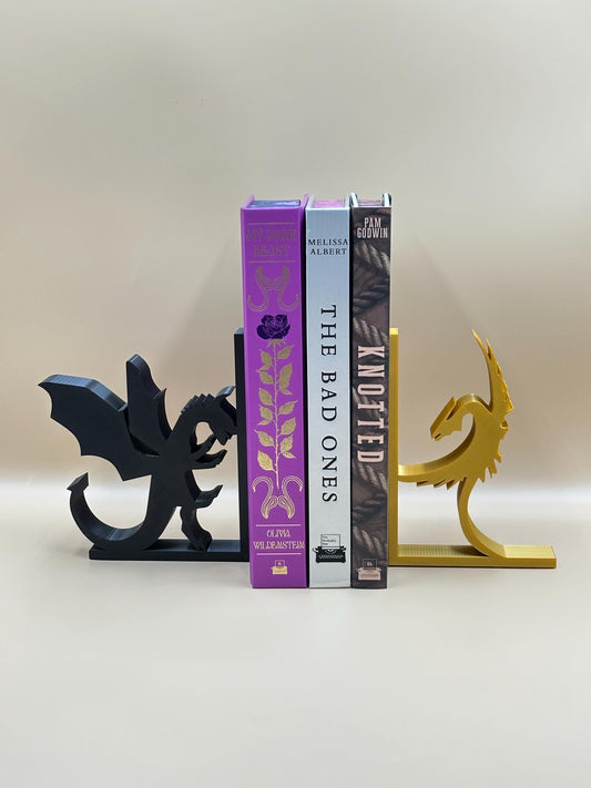 Dragon Bookends 3D Printed Black & Gold Pair, Unique Fantasy Home Office Decor, Perfect Gift for Book Lovers