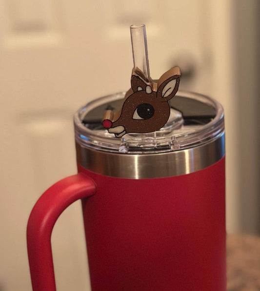 Rudolph Tumbler Straw Slide Charm Topper – Cute Holiday Cup Accessory, Christmas Drink Decoration, Reusable Gift Idea