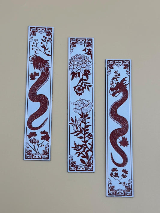 3D Printed Dragon Bookmark Set: Red & White Blossom Design
