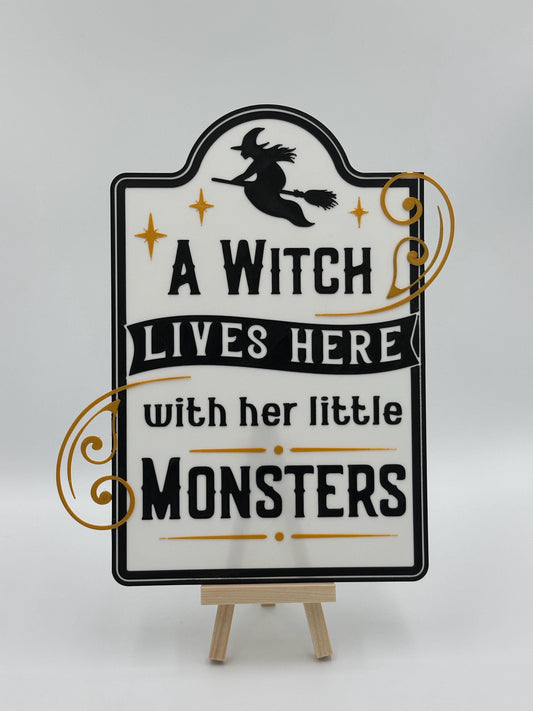 Funny Halloween Sign, Witch Lives Here with Little Monsters Wall Art, Haunted House Decor, Spooky Trick or Treat Sign, Halloween Party