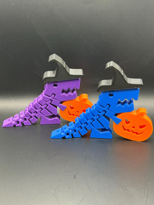 Halloween Witch Flexi Rexi Dinosaur Decor, Bookshelf or Mantel Accent, 2 Pack Spooky Dinosaur with Witch Hat, Halloween Gift Idea