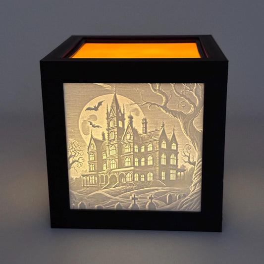 Monochrome Halloween Lighted Cube with Spider Web & Haunted House Design | Battery-Operated Light Spooky Parties and Halloween Home Decor